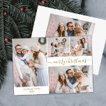 Budget Chic Script 5 Foto Collage Weihnachtskarten<br><div class="desc">Budget, Minimalistisch, Elegante Kalligrafie Gold Script 5 Foto Collage "Frohe Weihnachten" Script Holiday Thin Card in gold weiß. Diese festliche, einfache, skurrile 5 (5) Foto Urlaubskarte Vorlage (vor 4 Foto und hinten 1 Foto) verfügt über eine hübsche Gitter Foto Collage und sagt "Frohe Weihnachten"! Der "Frohe Weihnachten" Grußtext, geschrieben in...</div>