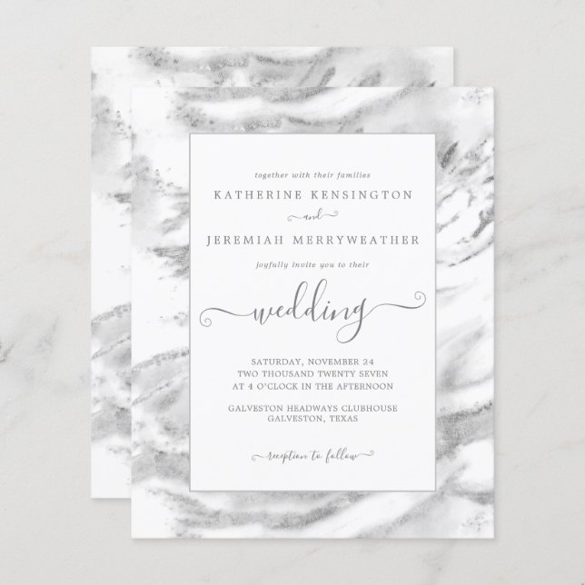 Budget Chic Silver Foil Marmor Hochzeitseinladung (Vorne/Hinten)
