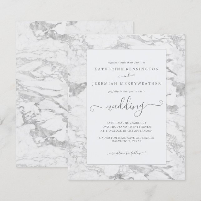 Budget Chic Silver Foil Marmor Hochzeitseinladung (Vorne/Hinten)