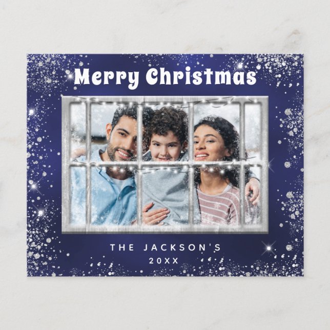 Budget Christmas Blue silber Foto Fensterkarte (Vorderseite)