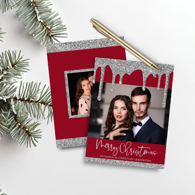 Budget Christmas Red Silver Glitzer Tropfen Foto (Budget Christmas Red Silver Glitter Drips Photo Holiday Card)