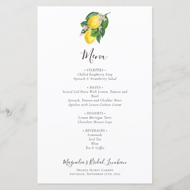 BUDGET Citrus Lemon Bridal Luncheon Menü (Vorderseite)