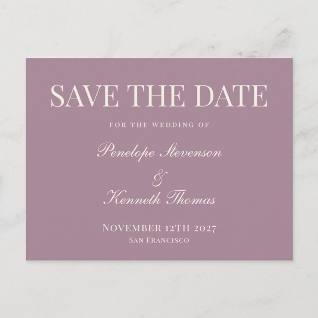 Budget Classic Dusty Save the Date Lila Postkarte (Vorderseite)