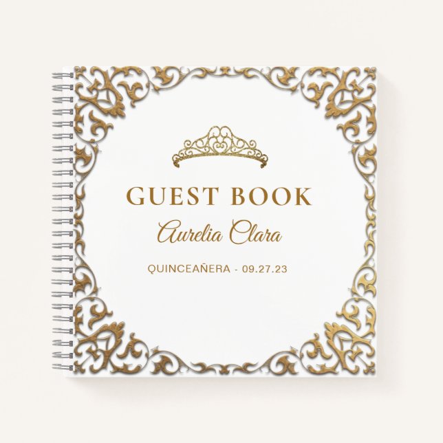Budget Classic Gold White Quinceñera Gästebuch Notizbuch (Vorderseite)