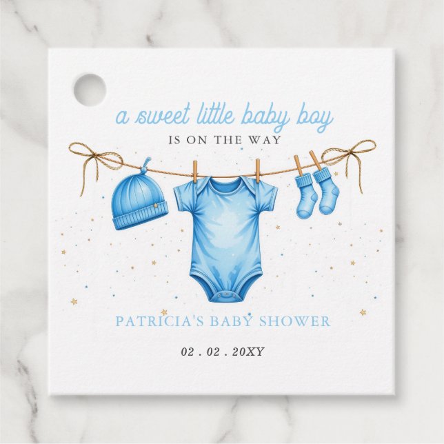Budget Clothesline Blue Boy Baby Shower invitation Geschenkanhänger (Vorderseite)
