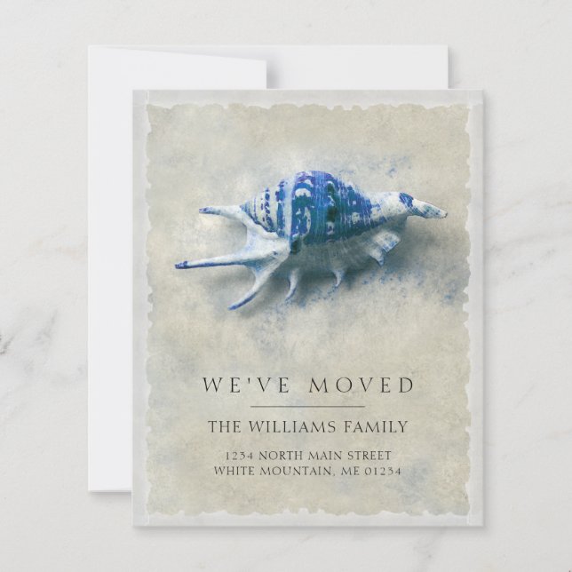 Budget Coastal Blue Seashell Beach Moving Card (Vorderseite)