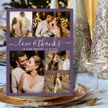 Budget Collage Lila Wedding Dankeschön Karte<br><div class="desc">Budget Elegant Script 5 Foto Collage Mauve Lila Wedding Danke Ihnen personalisiert günstige Low Budget Thin Card. Moderne Hochzeit danke Ihnen Vorlage mit fünf (5) Foto auf der Vorderseite und ein (1) Foto auf der Rückseite. Auf der Vorderseite des Papiers "Liebe und Dank" Typografie-Skript in einem Wirblen handgeschriebenen Schriftart in...</div>