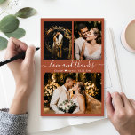 Budget Collage Terracotta Wedding Dankeschön Karte<br><div class="desc">Budget, modern, elegant, Hand Lettering 3 Foto Collage Blush Wedding Vielen Dank personalisiert günstig THIN Karte. Minimalistische Hochzeit Dankeschön Kartenvorlage mit drei (3) Foto auf der Vorderseite und (1) ein Foto auf der Rückseite. ***BEACHTE! *** HAUSHALTSPAPIER/FLYER IST DÜNN. *** AKTUALISIEREN SIE DAS PAPIER FÜR EIN THICKER-PAPIER. *** Mit dem Text...</div>