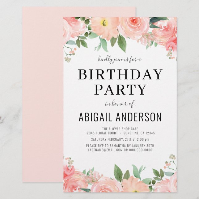 Budget Coral Floral Girly Birthday Einladung (Vorne/Hinten)