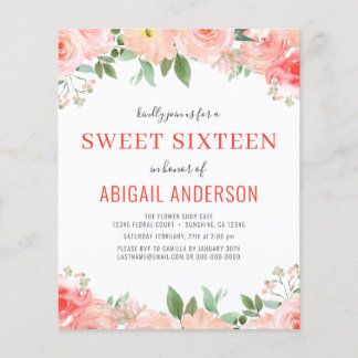 Budget Coral Floral Sweet 16 Geburtstag Einladung Flyer
