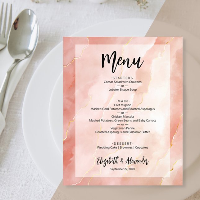 Budget Coral Gold Marble Wedding Menü (Von Creator hochgeladen)
