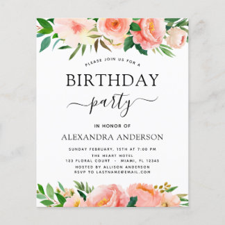 Budget Coral Peach Floral Geburtstag Einladung