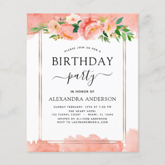 Budget Coral Peach Floral Geburtstag Einladung