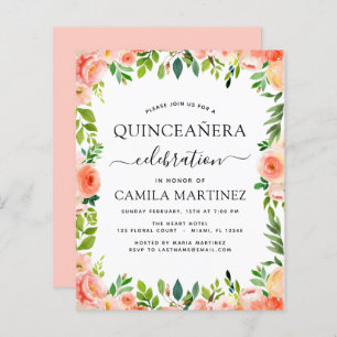 Budget Coral Peach Floral Quinceañera Einladung