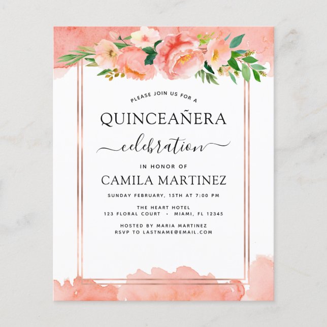 Budget Coral Peach Floral Quinceañera Einladung Flyer (Vorne)