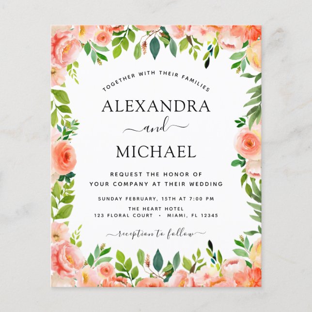 Budget Coral Peach Floral Wedding Einladung Flyer (Vorne)