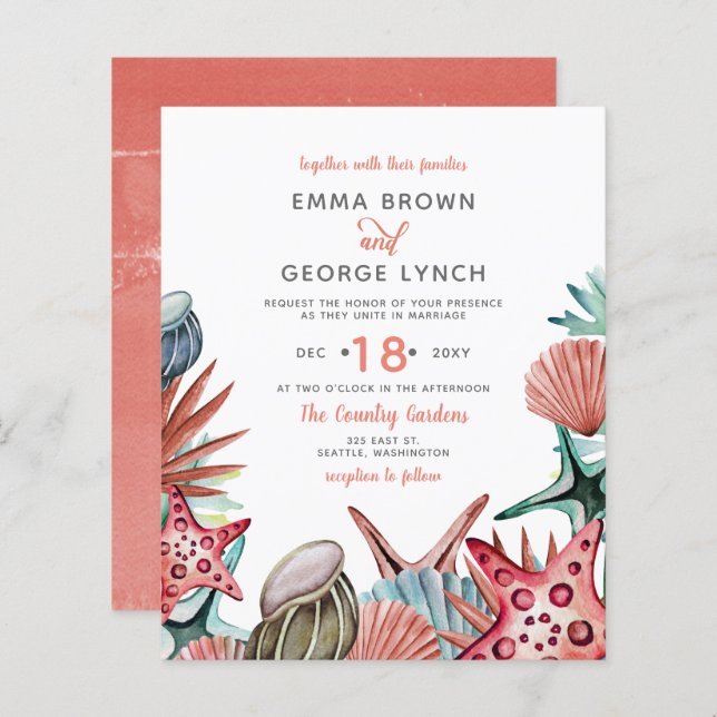Budget Coral Seashells Beach Wedding Einladung (Vorne/Hinten)