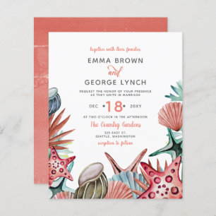 Budget Coral Seashells Beach Wedding Einladung