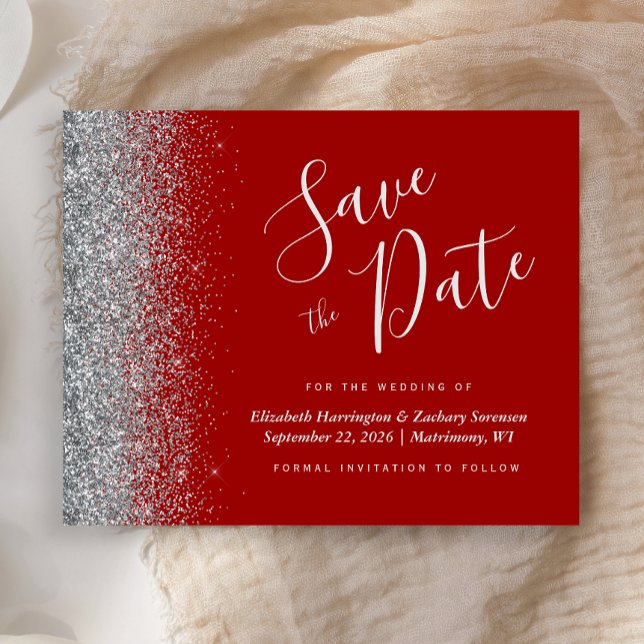 Budget Crimson Red Silver Wedding Save the Date (Von Creator hochgeladen)