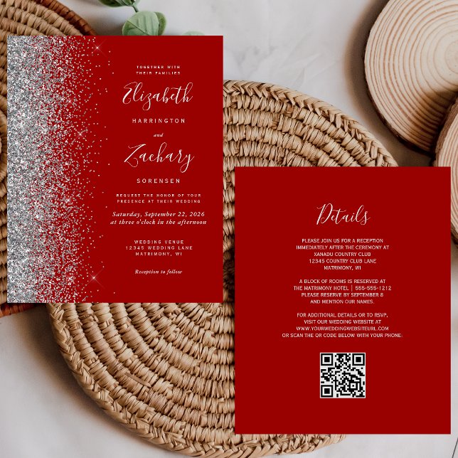 Budget Crimson Silver Glitzer QR Code Hochzeit (Von Creator hochgeladen)