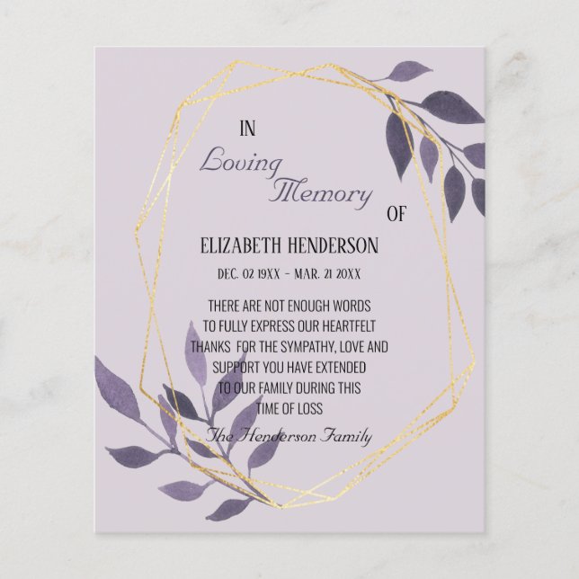 Budget/Danke Karte im Speicher-Beileid. (Vorne)