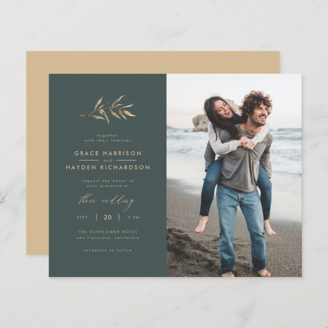Budget Dark Aquamarin & Branch Wedding Foto Einlad (Vorne/Hinten)