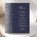 Budget Dark Blue Silver Glitzer Edge Wedding Menu<br><div class="desc">Die links Kulisse dieses eleganten,  modernen Hochzeitsmenüs besticht durch einen silbernen Glitzer-Rahmen mit Imitaten. Der anpassbare Text kombiniert silbergraue Handschrift-Skripte mit Copperplate-Schriftart auf dunkelblauem Hintergrund. Die Rückseite ist in Blau und Silber gehalten.</div>