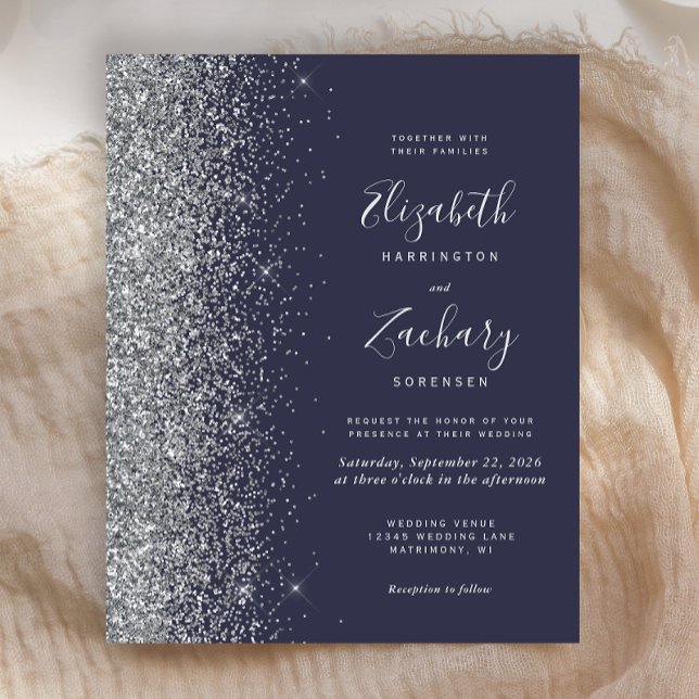 Budget Dark Blue Silver Glitzer Hochzeit Einladung (Von Creator hochgeladen)