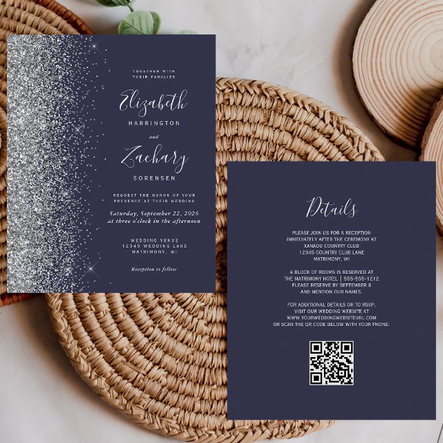 Budget Dark Blue Silver Glitzer QR Code Wedding (Von Creator hochgeladen)
