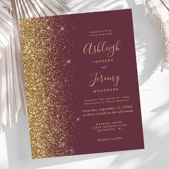 Budget Dark Burgundy Gold Glitter Wedding Invite (Von Creator hochgeladen)