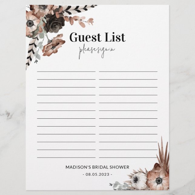 Budget Dark Florals Brautparty Guest Sheet Flyer (Vorne)