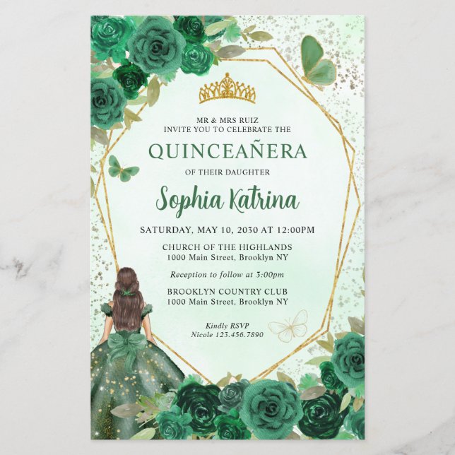 Budget Dark Green Floral Gold Prinzessin Quinceañe (Vorderseite)