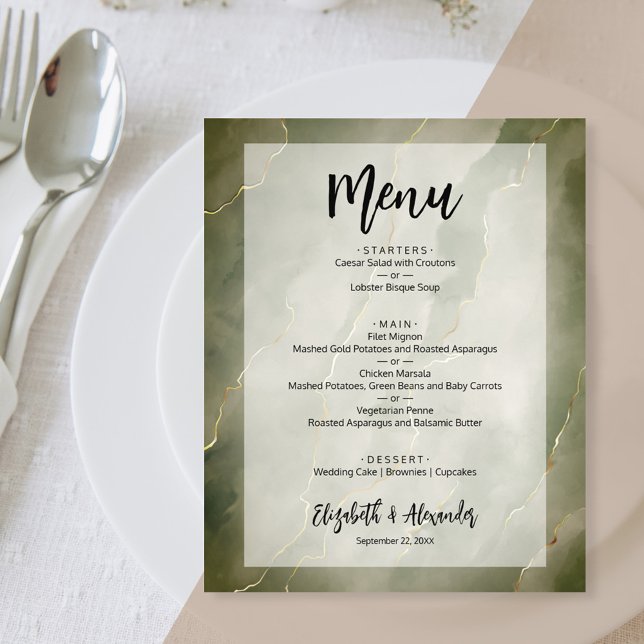 Budget Dark Green Gold Marmor Wedding Menü (Von Creator hochgeladen)