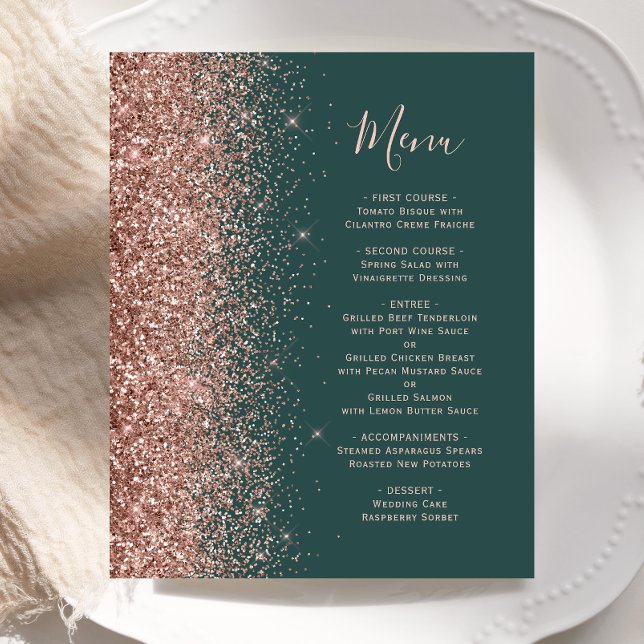 Budget Dark Green Rose Gold Glitzer Wedding Menu (Von Creator hochgeladen)