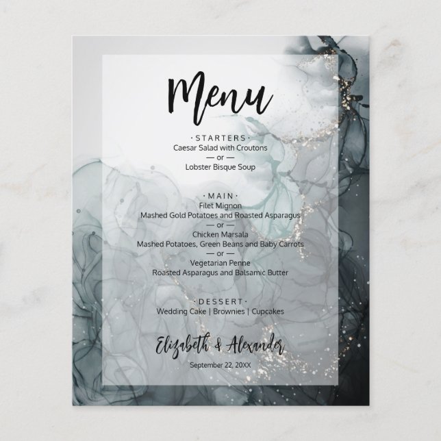 Budget Dark Marble Wedding Menu Flyer (Vorne)