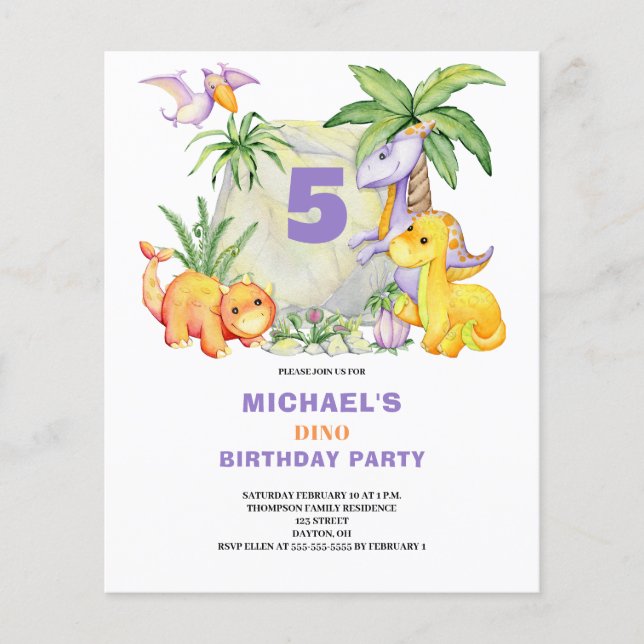 Budget Dinosaur 5. Geburtstag Einladung Flyer (Vorne)