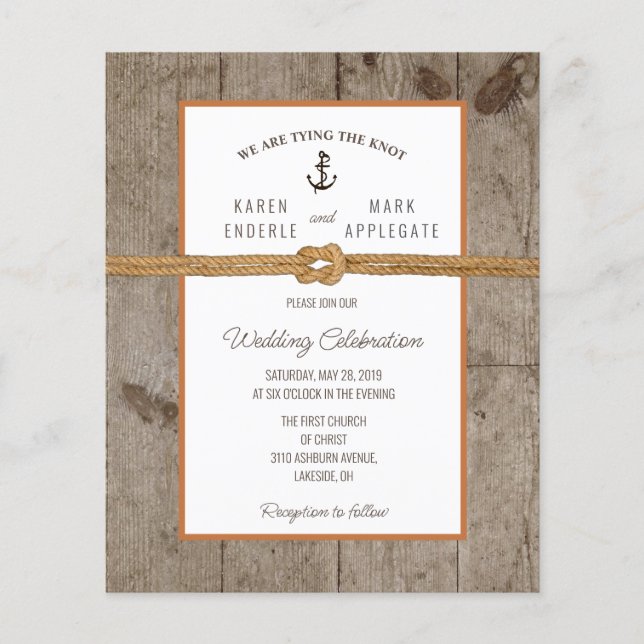 Budget Dockside Rope Rustic Hochzeit Einladung (Vorderseite)