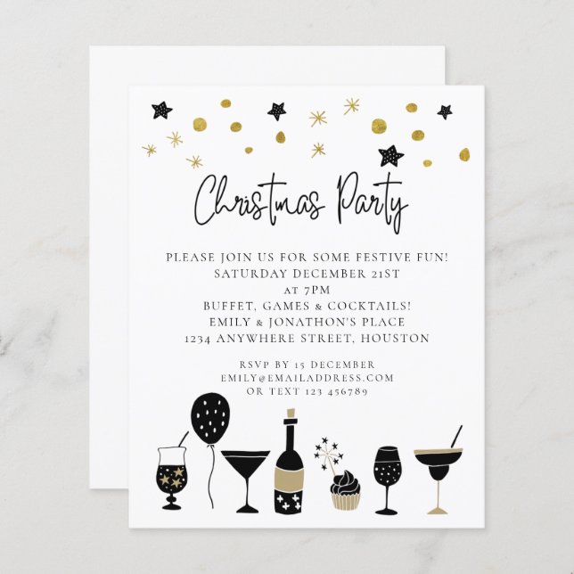 Budget Drinks Gold Black Christmas Party Einladung (Vorne/Hinten)
