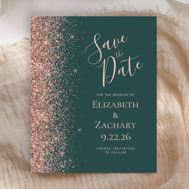 Budget Dunkelgrüne Rose Gold Save the Date (Von Creator hochgeladen)