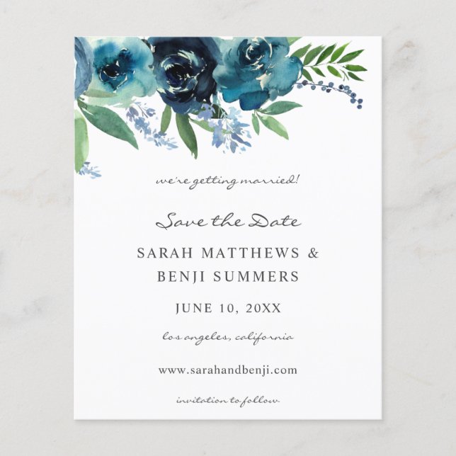 Budget Dusty Blue 2 Floral Save the Date 2 Flyer (Vorne)