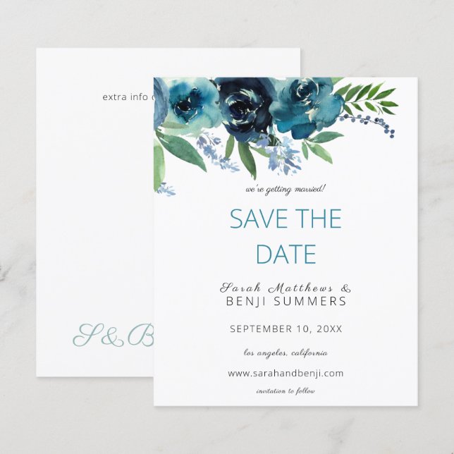 Budget Dusty Blue 2 Floral Save the Date V3 (Vorne/Hinten)
