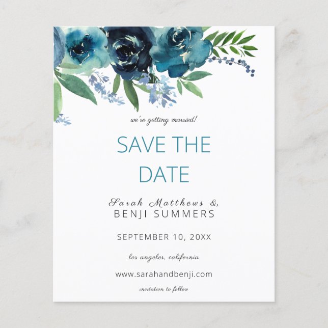 Budget Dusty Blue 2 Floral Save the Date V3 Flyer (Vorne)