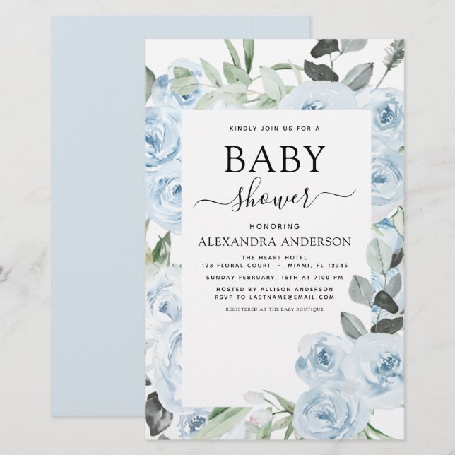 Budget Dusty Blue Baby Dusche Blumengrün (Vorne/Hinten)