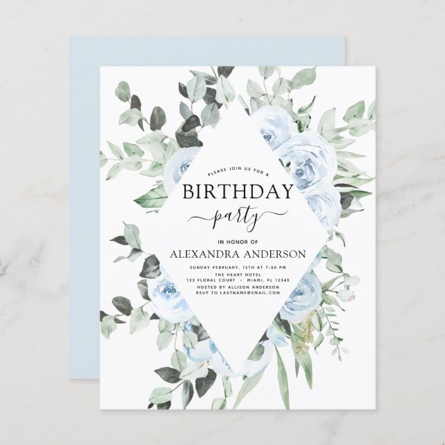 Budget Dusty Blue Birthday Party Blumenladen (Vorne/Hinten)