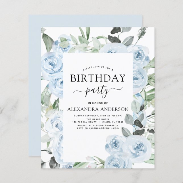 Budget Dusty Blue Birthday Party Blumenladen (Vorne/Hinten)