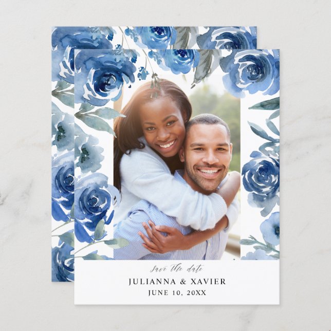 Budget Dusty Blue & Blu Save the Date Foto (Vorne/Hinten)
