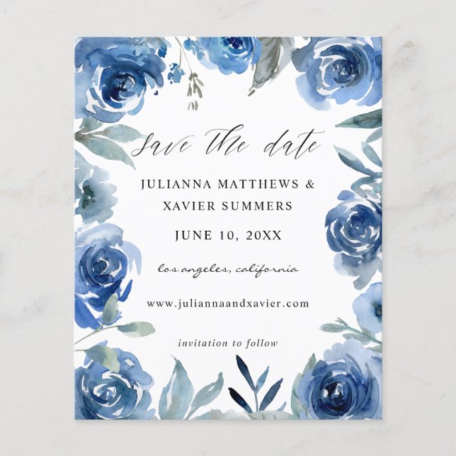 Budget Dusty Blue & Blue Floral Save the Date Flyer (Vorne)