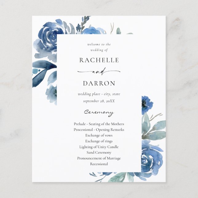 Budget Dusty Blue & Blue Floral Wedding Zeremonie Flyer (Vorne)