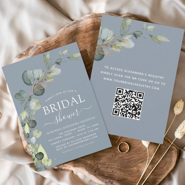 Budget Dusty Blue Brautparty QR Code Eucalyptus (Von Creator hochgeladen)