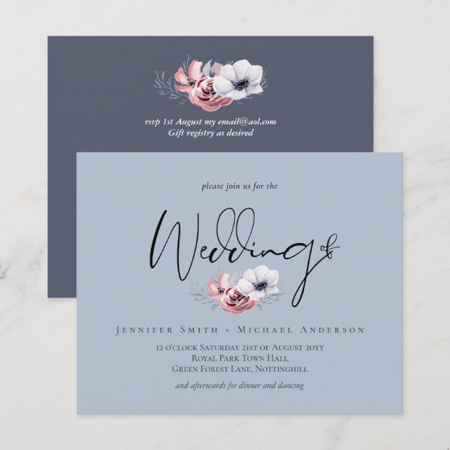 Budget Dusty Blue Coral Floral Wedding Einladung (Vorne/Hinten)